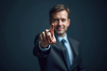 business man push and point forefinger and show hand up while standing with digital service data center server background for modern technology infographic hud overlay concept