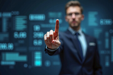 business man push and point forefinger and show hand up while standing with digital service data center server background for modern technology infographic hud overlay concept