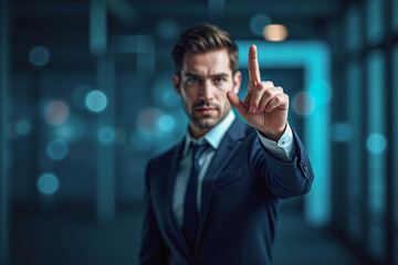 business man push and point forefinger and show hand up while standing with digital service data center server background for modern technology infographic hud overlay concept