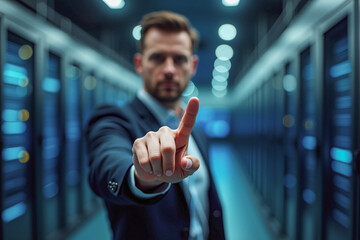 business man push and point forefinger and show hand up while standing with digital service data center server background for modern technology infographic hud overlay concept