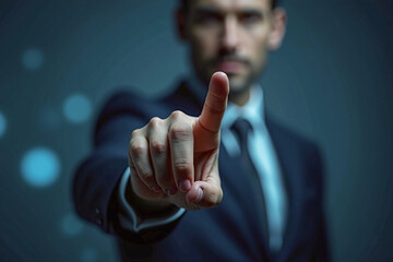 business man push and point forefinger and show hand up while standing with digital service data center server background for modern technology infographic hud overlay concept