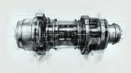 Detailed mechanical design of a complex industrial component in monochrome sketch style