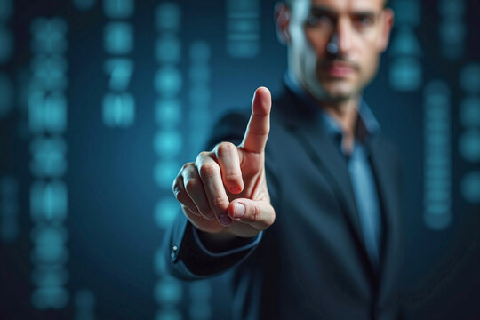 business man push and point forefinger and show hand up while standing with digital service data center server background for modern technology infographic hud overlay concept