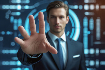 business man push and point forefinger and show hand up while standing with digital service data center server background for modern technology infographic hud overlay concept