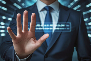 business man push and point forefinger and show hand up while standing with digital service data center server background for modern technology infographic hud overlay concept