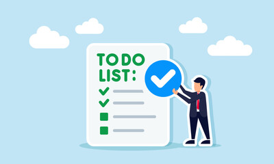 Businessman carrying a check mark next to a checklist paper, illustration of business task validation and verification