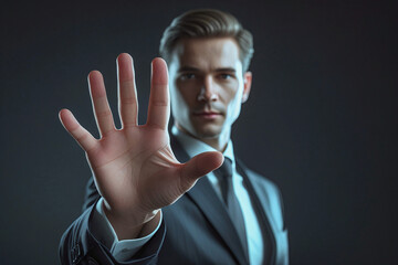 business man push and point forefinger and show hand up while standing with digital service data center server background for modern technology infographic hud overlay concept