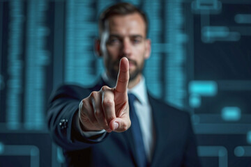 business man push and point forefinger and show hand up while standing with digital service data center server background for modern technology infographic hud overlay concept
