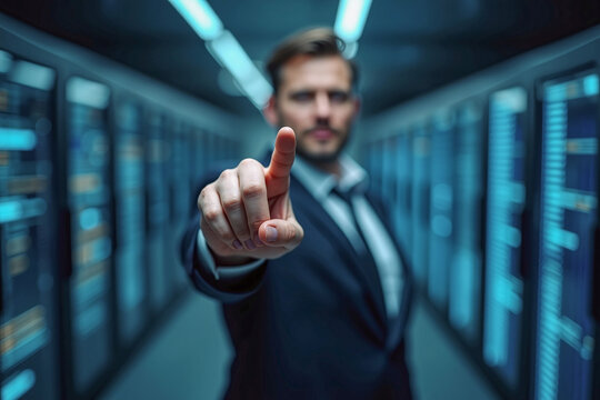 business man push and point forefinger and show hand up while standing with digital service data center server background for modern technology infographic hud overlay concept