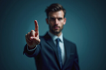 business man push and point forefinger and show hand up while standing with digital service data center server background for modern technology infographic hud overlay concept