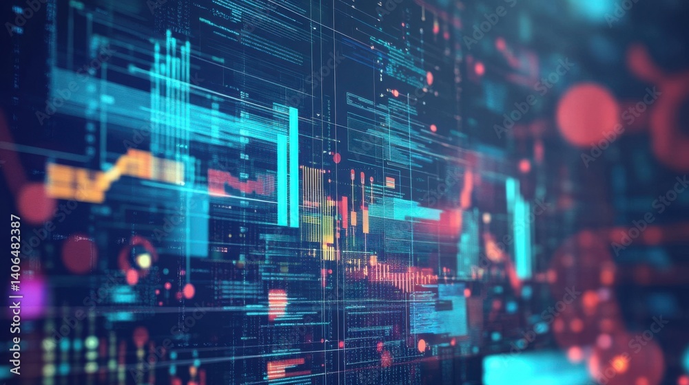Poster a vibrant digital abstract image featuring intricate patterns, lines, and colorful data visuals rese