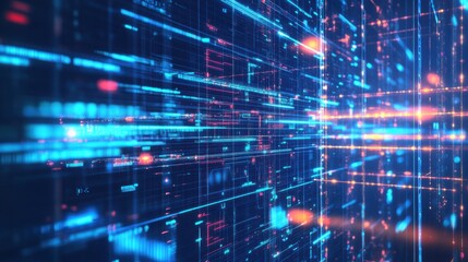 Obraz premium A vibrant digital landscape featuring glowing lines and grids, representing data flow and technology in a futuristic setting.
