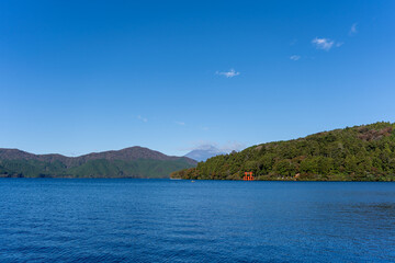 Mount Fuji and the red Torii gate, Lake Ashi, Hakone, Japan