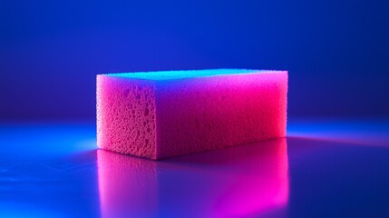 Obraz premium Colorful sponge illuminated by vibrant blue and pink lights on a reflective surface in a dark setting