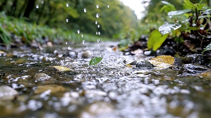 Fototapeta premium Small stream flowing through forest, water droplets, fresh green leaves