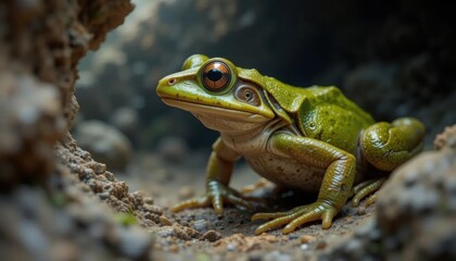 Obraz premium Emerald Green Frog Emerging from Rocky Crevice