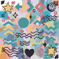 6.epsA seamless abstract pattern featuring colorful geometric shapes in a playful and modern design. Ideal for textile prints, wallpapers, wrapping paper, and digital backgrounds.