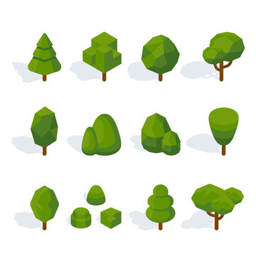 Isometric tree and bushes. low poly green flat design collection of icons with forest and park green plants of various shapes. vector illustration