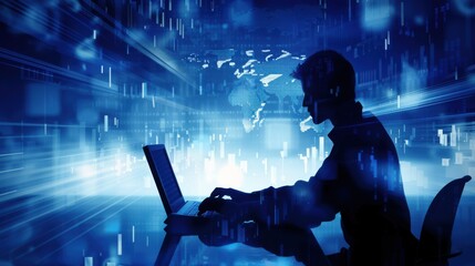 Depiction of business success strategy with a person working on a computer, symbolizing achievement.

