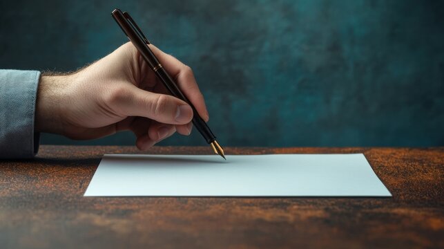 A male hand lightly gripping a pen, positioned above textured white paper, against a solid-colored backdrop