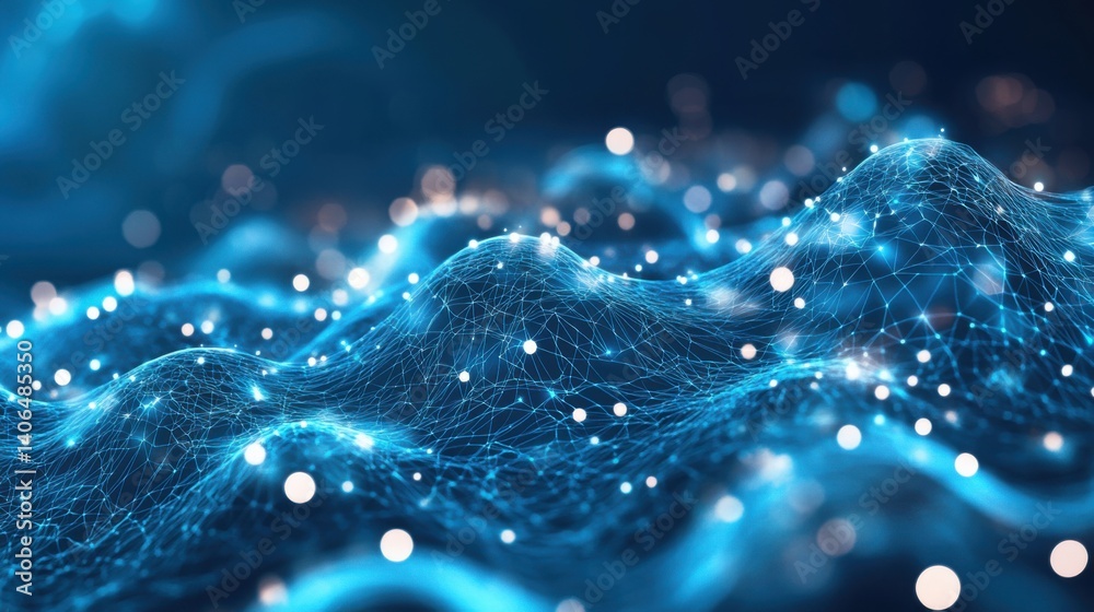Poster a digital representation of dynamic waves, featuring luminous particles and interconnected nodes, sy