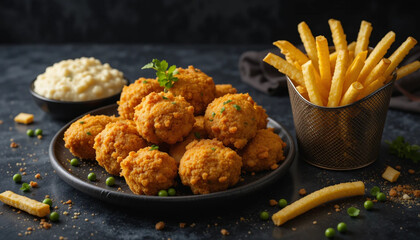 traditional British fast food golden chicken nuggets, creamy mashed peas, and crispy chips fries