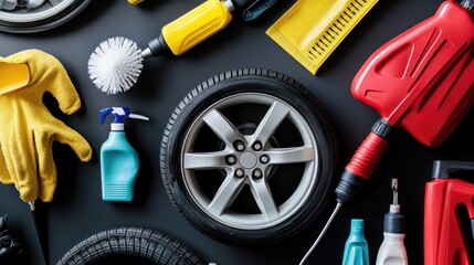 Automotive care concept showcasing wheel maintenance and detailing supplies on dark background