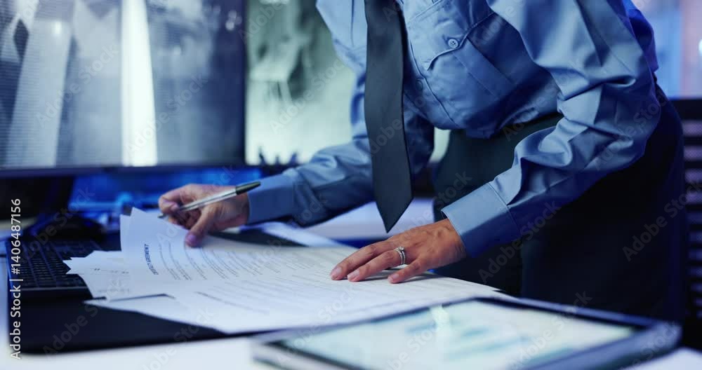 Poster Hands, security and writing with documents by monitor, tablet and notes for safety report with property surveillance. Person, paperwork and log for privacy, control and review record at data center