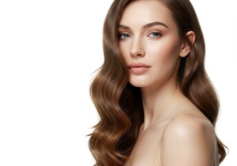Fototapeta premium Portrait of a woman with long wavy brown hair looking at the camera against white background studio shot