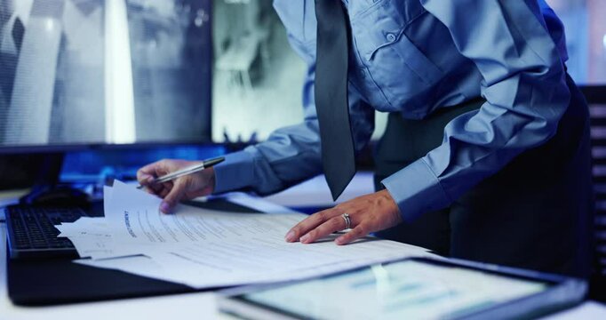 Hands, security and writing with documents by monitor, tablet and notes for safety report with property surveillance. Person, paperwork and log for privacy, control and review record at data center