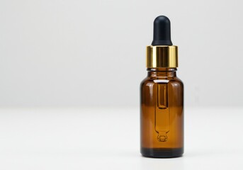 A brown glass bottle with a dropper on a white surface against a white background in studio shot