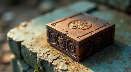 Obraz premium Intricate Carved Wooden Box Rests on Weathered Surface in Golden Hour Light