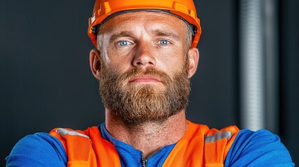 Serious construction worker portrait safety gear industrial theme