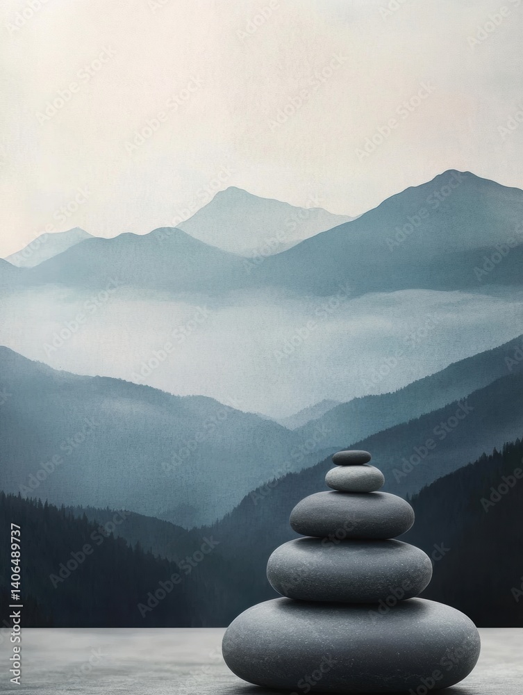 Poster stacked zen stones in front of misty mountains create a serene atmosphere of balance and tranquility