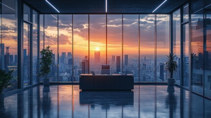 Fototapeta premium A modern office with large windows showcasing a city skyline at sunset, featuring plants and contemporary furniture.