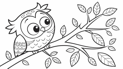 Obraz premium kids coloring page, a wise owl perched on a branch, cartoonish, friendly, thick outlines