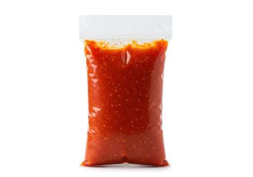 A clear plastic bag filled with a vibrant red sauce sitting on a plain white surface isolated shot