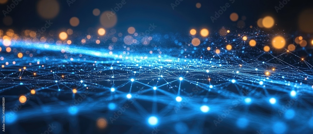 Sticker abstract image of blue and orange lights connected by a network. glows and orbs in the background