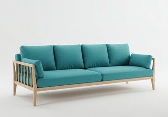 Fototapeta premium A turquoise sofa with a light wood frame and cushions against a white seamless background studio shot