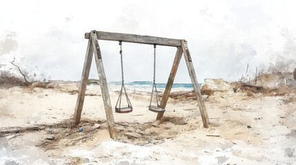 Empty wooden swings on a deserted beach.
