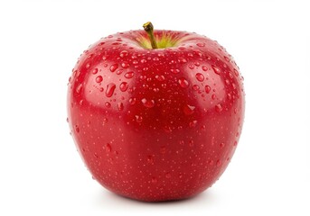 A shiny red apple with water droplets on its surface isolated against a white background in close up view