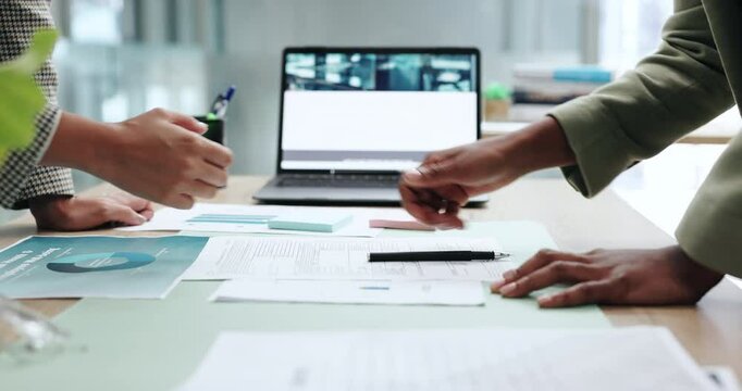 Computer screen, contract and handshake with business people in office for agreement or deal. B2B, partnership and signature with employee team shaking hands for hiring, onboarding or recruitment