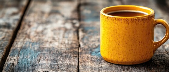 A vibrant yellow mug filled with dark liquid sits atop a rustic, textured wooden surface