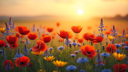 Obraz premium A vibrant field of wildflowers in full bloom under a golden sunset sky, with a variety of colors like red poppies, blue cornflowers, yellow daisies, and purple lavender, gently swaying in the breeze. 