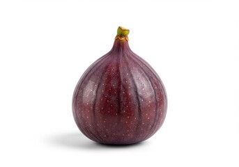 A single ripe fig fruit with a dark purple skin isolated on a plain white studio background view