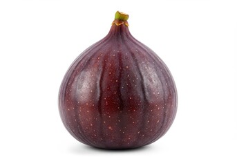 A single ripe fig with dark purple skin and a small green stem isolated on a white background view