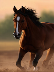Obraz premium Galloping brown horse with a white blaze on its face. Majestic equine for equestrian lifestyle and animal themes. Horse races and rural scenes for 2026.