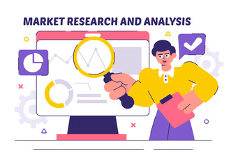 Market Research and Analysis Vector Illustration with Team Management and Analytics for Creating Data Statistics in a Flat Style Cartoon Background