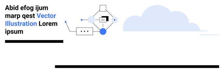 Cloud connection with geometric workflow diagram, communication boxes, and text elements. Ideal for communication, technology, teamwork, cloud systems, data, business processes simple landing page