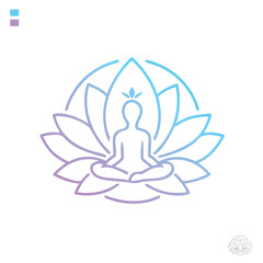 Logo gradient line art illustration of woman meditation pose surrounded by a lotus flower. Represents of tranquility, spirituality, inner peace, and wellness human through elegant minimalistic design.